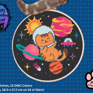 猫の宇宙飛行士のクロスステッチ パターン、宇宙猫のクロスステッチ デザイン PDF の即時ダウンロード、Meowstronaut 猫の人物の印刷可能な XStitch チャート