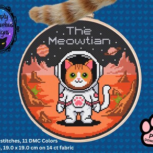 ニャーティアン猫宇宙飛行士クロスステッチパターン、火星の宇宙猫クロスステッチPDFダウンロード、火星のエイリアンと猫の印刷可能なXステッチチャート