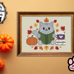 Cosy Fall Kitty kruissteekpatroon, herfstbladeren, boeken, kat pdf XStitch-tabel downloaden