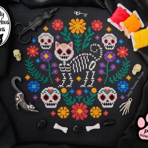 Patrón de punto de cruz de gatito esqueleto de calavera de azúcar, gráfico XStitch del Día de los Muertos en PDF