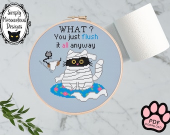 Funny Cat Toilet Paper Cross Stitch Pattern, Bathroom Tissue Kitty PDF XStitch Chart Download