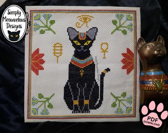 Padrão de ponto cruz de gato egípcio Bast, design da deusa Bastet, gráfico de pontos em PDF