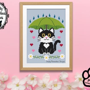 Parapluie smoking chat, point de croix compté, fleurs de chaton noir et blanc PDF Grille de points X
