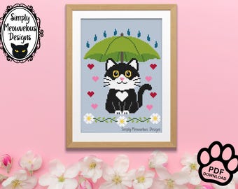 Tuxedo Cat Umbrella Counted Cross Stitch Pattern, Black & White Kitty Flowers PDF XStitch Chart