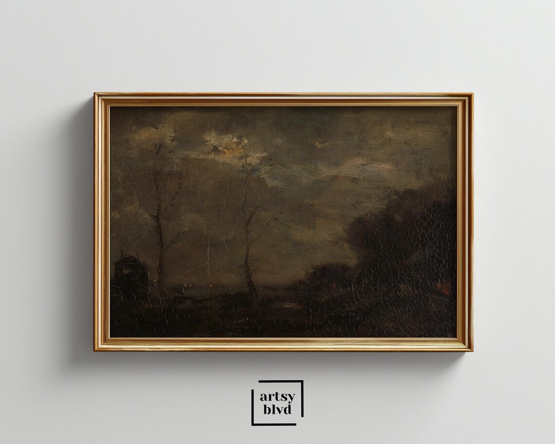 Rustic Moody Forest Oil Painting Vintage Landscape Wall Art Dark Tones ...