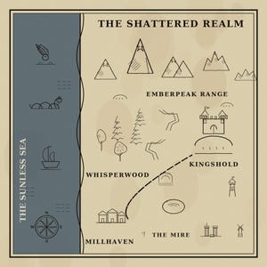 May include: A fantasy map titled The Shattered Realm featuring a blue section labeled The Sunless Sea with a compass, boat, and sea creature. The beige section displays the Emberpeak Range, Whisperwood, Kingshold, Millhaven, and The Mire.