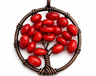 Reiki-Infused Tree of Life Pendant – Red Coral | Spiritual Strength & Energy Healing Jewelry
