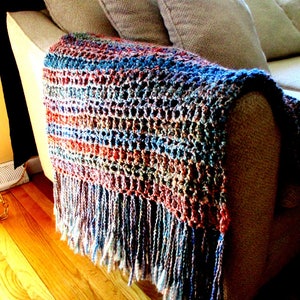 Throw Blanket, Rust, Blue, Gold, and Red Blanket, with Fringe, Afghan, Home Accent,  Home Décor, Interior design.