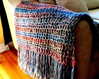 Throw Blanket, Rust, Blue, Gold, and Red Blanket, with Fringe, Afghan, Home Accent,  Home Décor, Interior design.