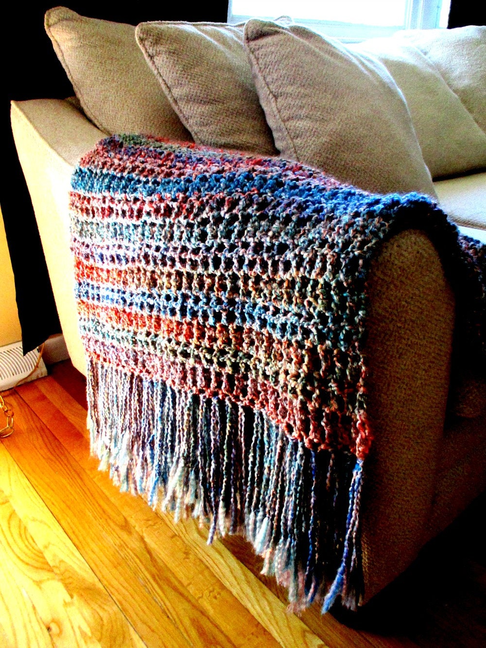 Throw Blanket Rust Blue Gold And Red Blanket With Fringe Etsy