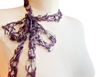 Skinny Scarf, Necklace Scarf Eggplant Purple, Dark Purple Scarf Light Weight Ribbon Scarf,  BOGO Buy One Scarf Get Second One for 50% off.