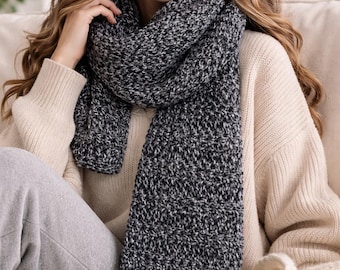 Chunky Hand-Crocheted Scarf / Shawl – Soft Charcoal Gray & Black | Cozy Winter Wrap | Oversized Handmade Scarf