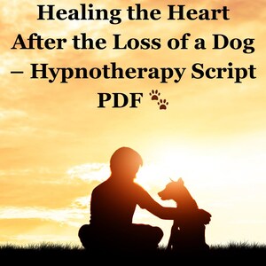 May include: Image of a silhouette of a person and a dog sitting on grass against a sunset backdrop. The text reads "Healing the Heart After the Loss of a Dog - Hypnotherapy Script PDF" with paw prints. The image evokes themes of comfort and healing.
