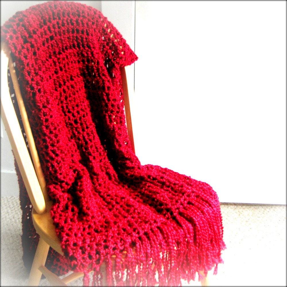 Red Throw Blanket Crocheted with Fringe Rich Red Blanket Etsy