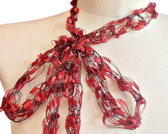 Skinny Scarf, Necklace Scarf, Red and Black Scarf Light Weight Ribbon Scarf, Fashion, BOGO Buy One Scarf Get Second One for 50% off.