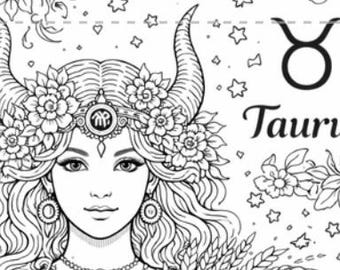 May include: Black and white illustration of a woman with long wavy hair, adorned with flowers and horns, representing the Taurus zodiac sign. The word "Taurus" is written in elegant script, accompanied by the Taurus symbol and floral elements.