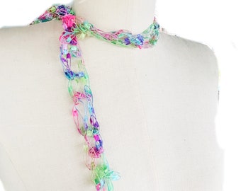 Skinny Scarf, Necklace Scarf Pink Green Blue  Scarf Light Weight Ribbon Scarf, Woman's,  BOGO Buy One Scarf Get Second One for 50% off.