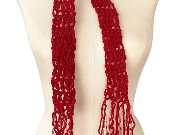 Skinny Scarf Burgundy Red Skinny Scarf with Fringe, Fringe with Ribbon Novelty, BOHO Fashion- BOGO Buy One Scarf Get Second One for 50% off.