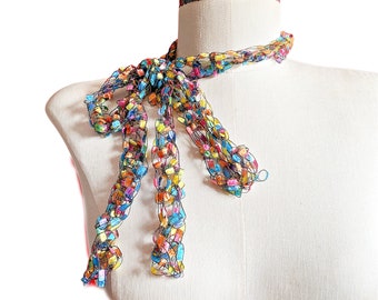 Skinny Scarf, Necklace Scarf Pastel Rainbow Scarf Light Weight Ribbon Scarf, Woman's,  BOGO Buy One Scarf Get Second One for 50% off.