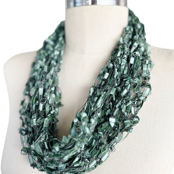 Infinity Scarf, Green Ribbon Infinity Scarf, Single loop, Light Scarf, BOGO Buy One Scarf Get Second One for 50% off.