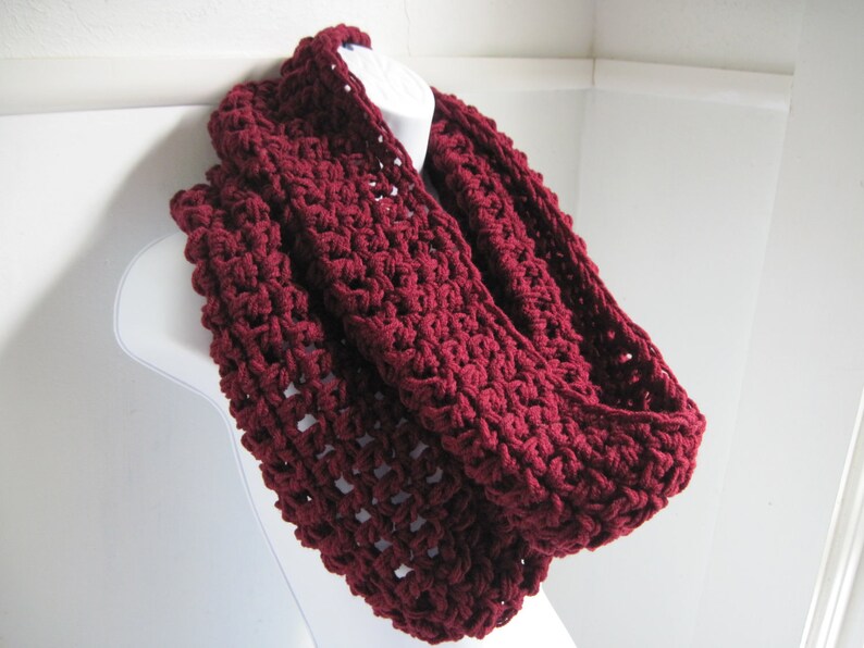 Infinity Scarf Maroon Red Scarf Cowl Oxblood Red , Chunky Scarf, Winter Fashion, Crocheted Scarf image 5