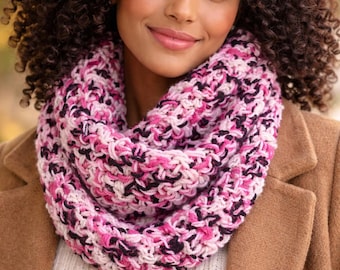 Crocheted Multicolor Infinity Scarf – Chunky, Cozy Jewel Tone, Single Loop, Handmade, Infinity Loop Pink, White Black, Neck Warmer