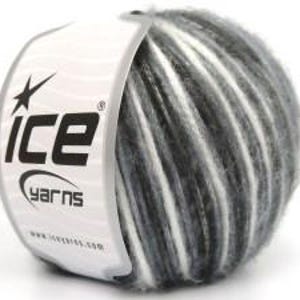 May include: A ball of ICE Yarns brand yarn in shades of gray and white. The yarn is tightly wound, with visible strands of varying widths. The label features the brand name and logo, with a website address.