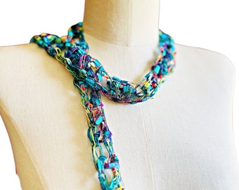 Skinny Scarf, Necklace Scarf, Turquoise & Rainbow Combo, Light Ribbon Scarf, Boho Style, BOGO Buy One Scarf Get Second One for 50% off.