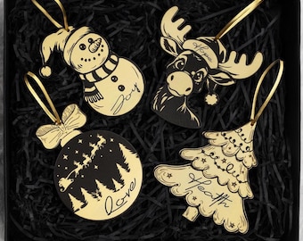 Conjunto de 4 enfeites de árvore de Natal de latão pré-gravados | Lembrança de família | Presentes de Natal artesanais | Amor, alegria, esperança, saúde