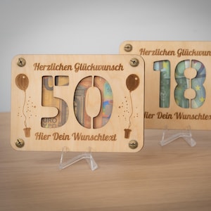 Regalo di denaro compleanno biglietto d'auguri personalizzato con incisione e busta idea regalo biglietto sostenibile in legno come regalo di compleanno
