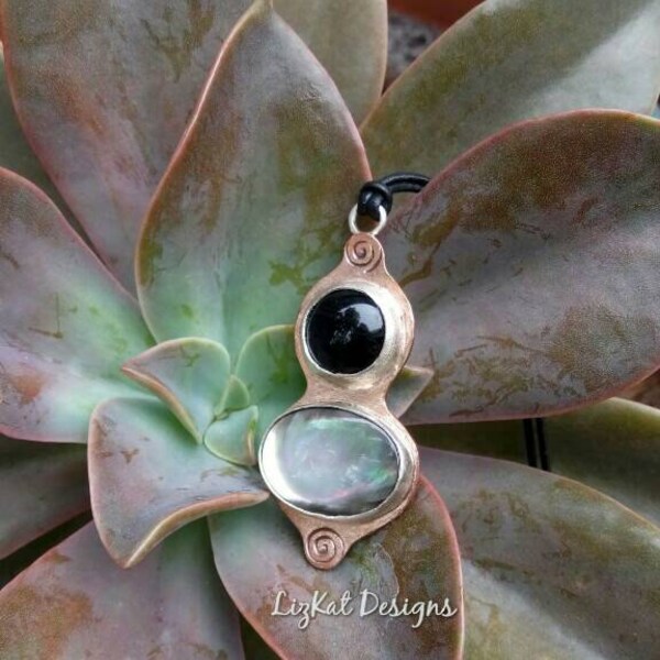 Mother of Pearl Pendant with Agate in Sterling Silver and Copper  on Leather