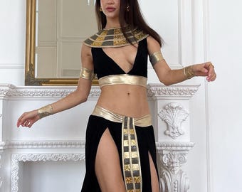 Cleopatra Costume, Black Gold Egyptian Queen Cosplay, Carnival Party Outfit