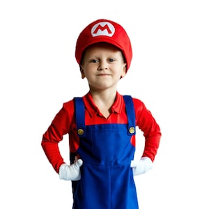 Mario Boy Costume – Red Blue Jumpsuit, Cap with M Logo and Gloves, Kids Halloween Outfit, Super Plumber Cosplay, Toddler Mario Set
