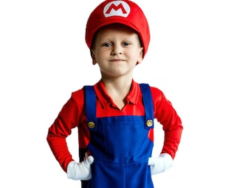 Mario Boy-kostuum – roodblauwe jumpsuit, Halloween-outfit voor kinderen, superloodgieter-cosplay, peuter-Mario-set