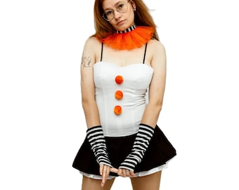 Harlequin Halloween Costume for Women – White Corset with Orange Pom-Poms, Black Skirt, Striped Gloves, and Orange Collar – Circus Outfit