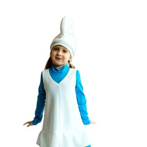 Schlumpfine Mädchen Kostüm - Weißes Kleid, Blaue Leggings, Mütze & Top, Schlumpf Halloween Kostüm für Kinder - Größen 98-140