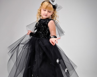 Midnight Star Princess Costume – Black Velvet & Tulle Dress with Stars, Gloves and Headpiece – Girls’ Carnival, Halloween and Party Outfit