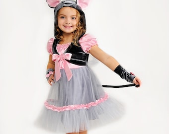 Miss Mouse Girl Costume – Pink & Grey Tulle Dress with Ears Hood, Toddler and Kids Carnival Outfit