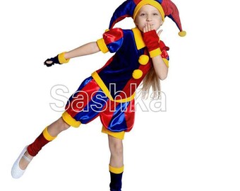 Pomni Cosplay Costume - Kids Digital Circus Clown Jumpsuit With Hat & Gloves For Halloween