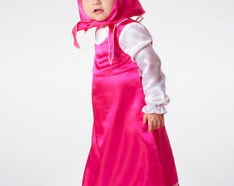 Masha Costume for Girls – Pink Satin Dress & Headscarf, Fairy Tale Outfit