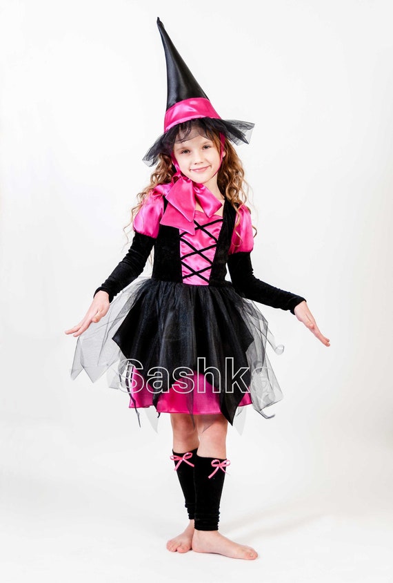 Costume Da Strega Per Bambine Con Luci - Completo Di Gonna, Cappotto, Cappello, Scopa, Borsa E Maschera