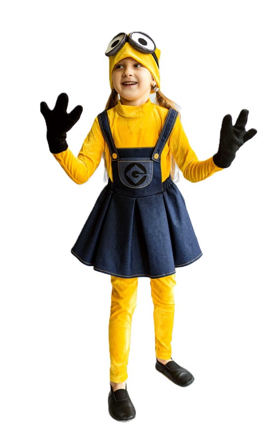 ミニオンガールコスチュームドレス - イエローベロア＆デニムの子供用
