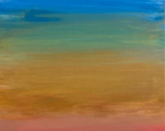 May include: Abstract painting with a gradient of blue, green, brown, and red colours. The colours blend together to create a soft, dreamy effect.