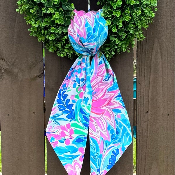 Wreath Sash, Boxwood Wood Wreath Sash, Boxwood Wreath Bow, Wreath Scarf, Custom Printed Cotton Sateen Fabric, Palm Beach