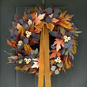 Fall Wreath for Front Door | Moody Fall Wreath | Autumn | Thanksgiving Wreath | Eucalyptus | Maple Leaf Wreath | Gold Velvet Ribbon