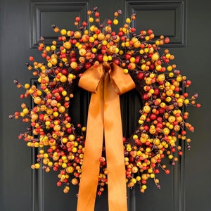 Fall Wreath for Front Door | Fall Pomegranate Berry Wreath | Satin Ribbon | Thanksgiving Wreath | Rustic Fall Wreath | Fall Cottage Wreath