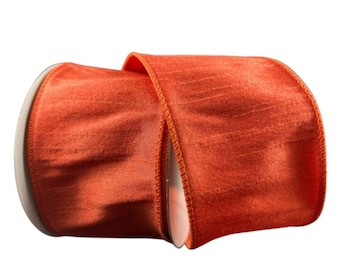 4 inch Rust Orange Tangerine Dupioni Faux Silk Ribbon - Wired Edge | Ribbon-10 yards