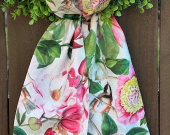 Wreath Sash, Boxwood Wood Wreath Sash, Boxwood Wreath Bow, Wreath Scarf, Custom Printed Cotton Sateen Fabric, Vintage Floral