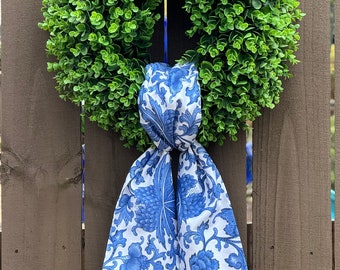 Wreath Sash, Boxwood Wood Wreath Sash, Boxwood Wreath Bow, Wreath Scarf, Custom Printed Cotton Sateen Fabric, Chinoiserie