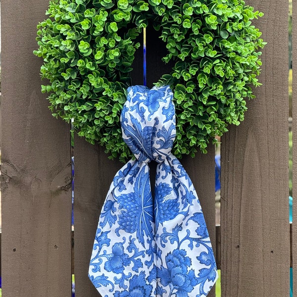 Wreath Sash, Boxwood Wood Wreath Sash, Boxwood Wreath Bow, Wreath Scarf, Custom Printed Cotton Sateen Fabric, Chinoiserie